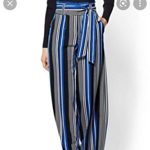 Worn Once Blue, White, and Black Striped Wide Leg Palazzo Pants with Belt, 4